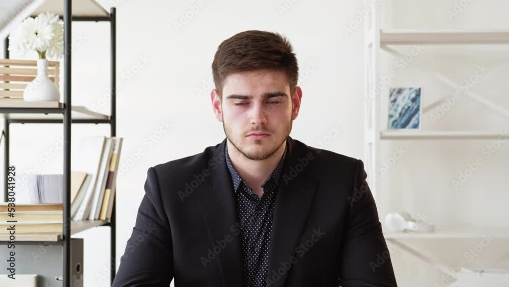 Online recruitment. Web interview. Distance business negotiation. Confident serious skeptic male HR manager listening to candidate in virtual office. Long video shot. Online recruitment. Web interview. Distance business negotiation. Confident serious skeptic male HR manager listening to candidate in virtual office. Long video shot.