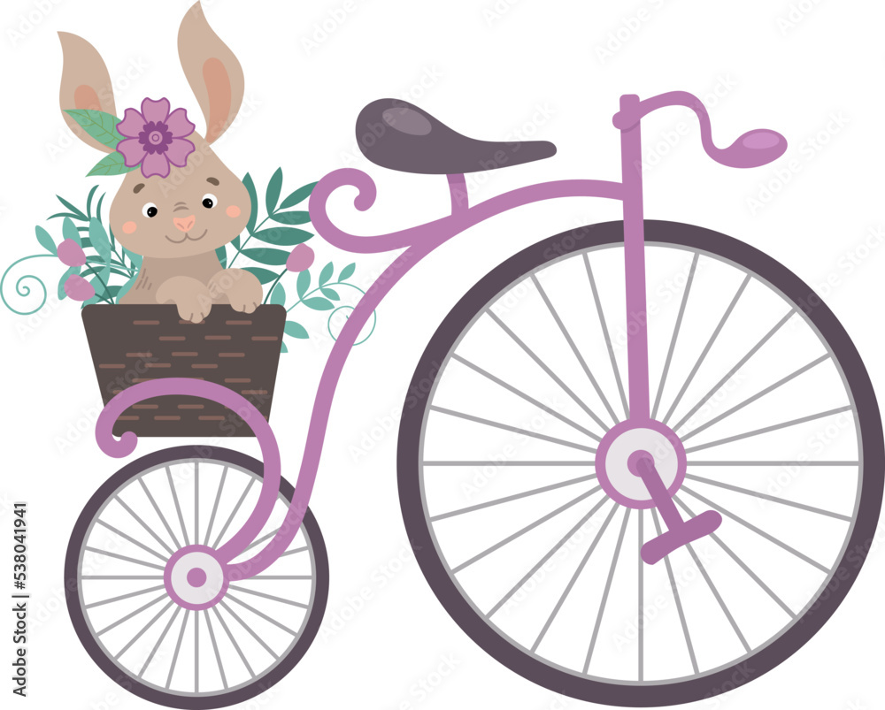 vintage bicycle with a basket of flowers and a cute rabbit. illustration in cartoon flat style