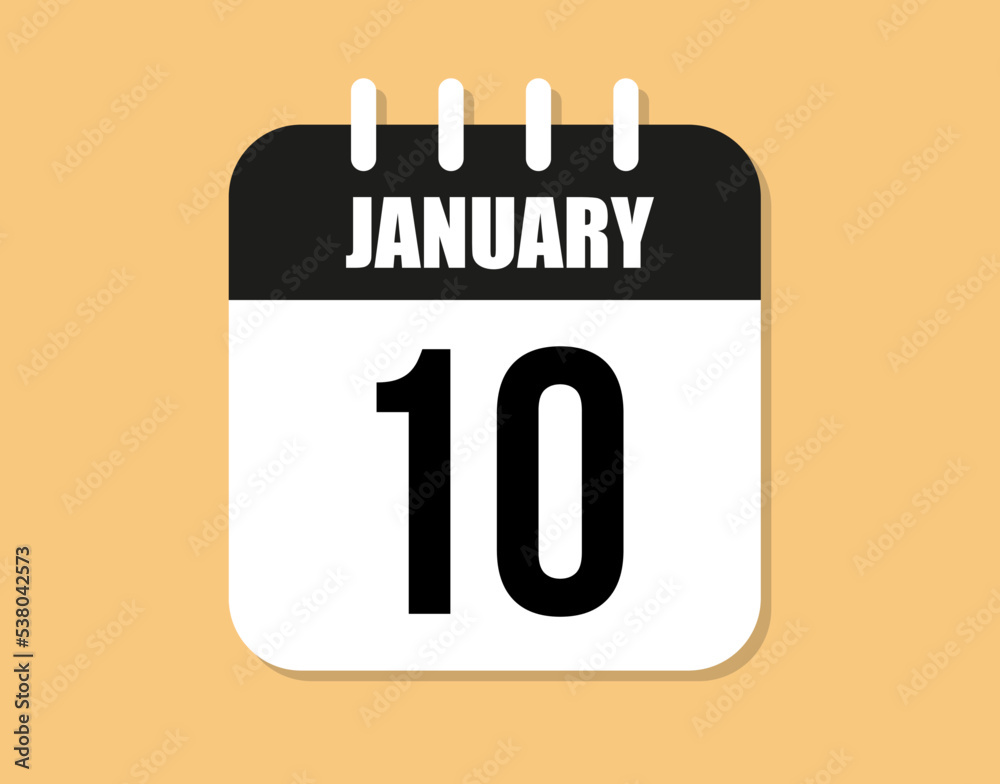 10 day january icon. Black and white january month calendar vector on orange background.