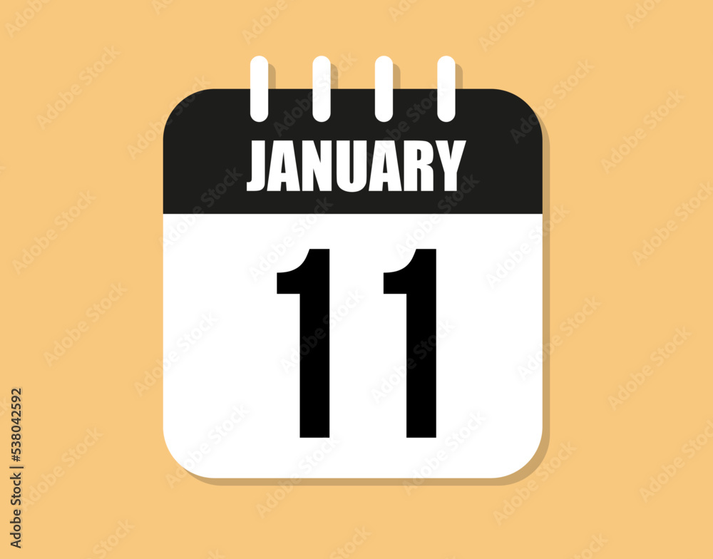 11 day january icon. Black and white january month calendar vector on orange background. 11 day january icon. Black and white january month calendar vector on orange background.