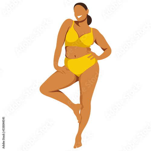 vector image on the theme of body positivity. a young curvy plump girl stands and is not shy about her fat folds at the waist. isolated on white background. love and accept your body. love yourself.