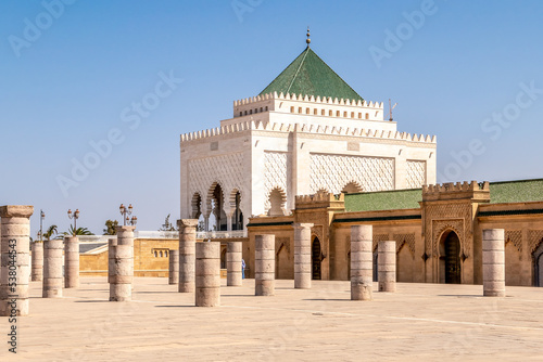 View at the Mausoleum of Mohammed V with Almohad Mosque ruins in Rabat, Morocco photo