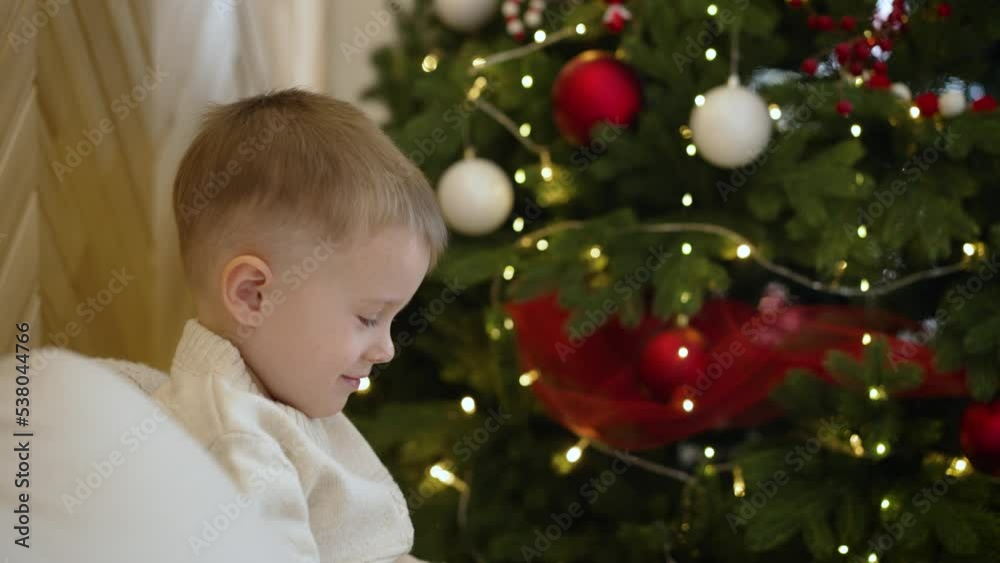 Close-Up Of Boy Reading Book With Illuminated Christmas Tree In Background. The boy reads a book on the background of the Christmas tree. Close-Up Of Boy Reading Book With Illuminated Christmas Tree In Background. The boy reads a book on the background of the Christmas tree.