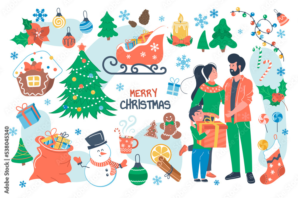 Merry Christmas concept isolated elements set. Bundle of family celebrating holiday, christmas tree, gifts, snowman, holly, decor garlands, cookies, drink. Illustration in flat cartoon design