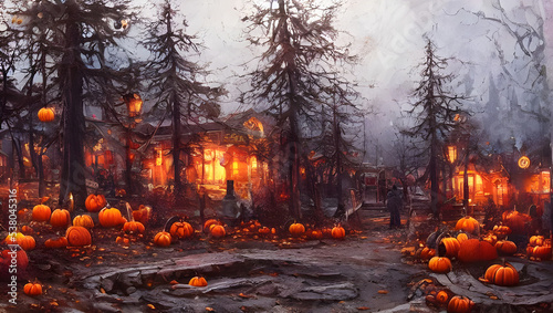 halloween in the woods with pumpkins - painting