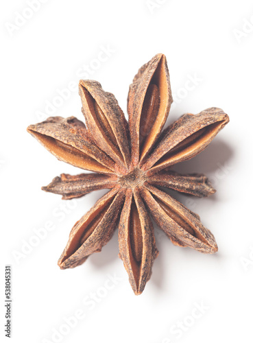 Star anises isolated on white background. Dried star anise spice fruits