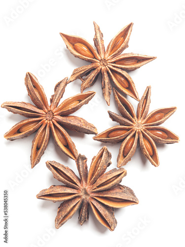 Star anises isolated on white background. Dried star anise spice fruits