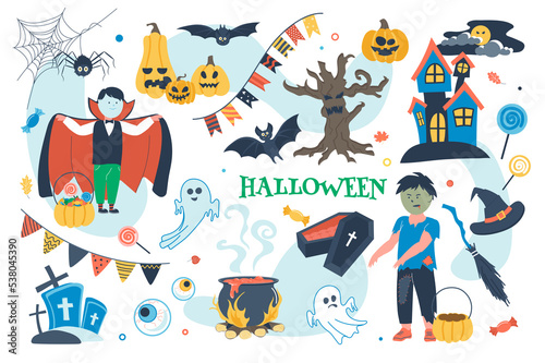Halloween concept isolated elements set. Bundle of children in zombie or vampire costumes, scary house, witches cap or bowler hat, sweets, pumpkins, decor. Illustration in flat cartoon design
