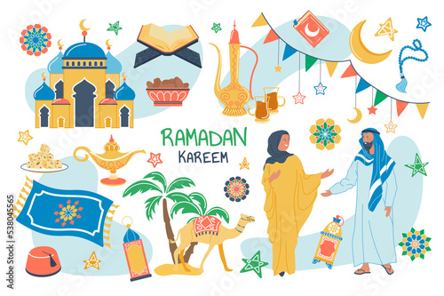 Ramadan Kareem concept isolated elements set. Bundle of muslim couple in traditional dress, mosque, religious book, camel, food, drink, crescent moon, stars. Illustration in flat cartoon design