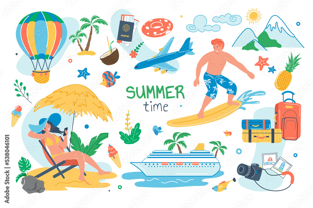 Summer time concept isolated elements set. Bundle of vacation at seaside resort, surfing, sunbathing on beach, cruise ship, balloons, hiking in mountains. Illustration in flat cartoon design