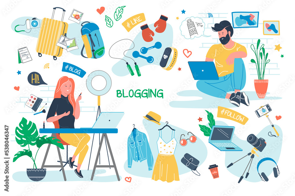 Blogging concept isolated elements set. Bundle of bloggers create content working at laptops, blogs about fashion, beauty, travel, sports, video equipment. Illustration in flat cartoon design