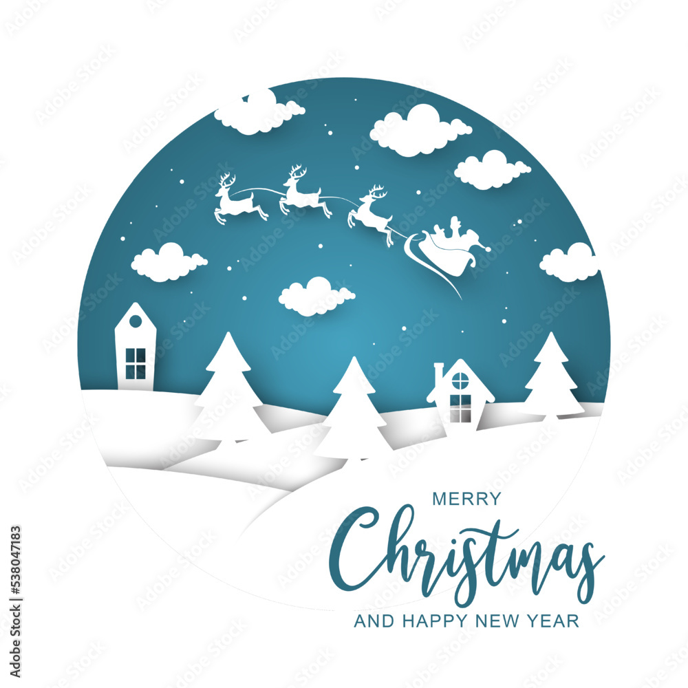 Christmas greeting and Santa Claus sleigh silhouette with paper style design
