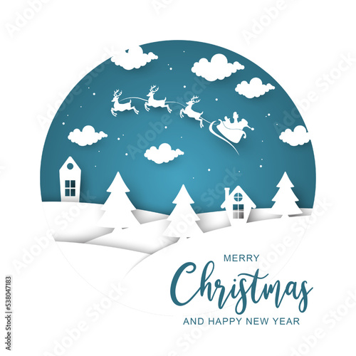 Christmas greeting and Santa Claus sleigh silhouette with paper style design