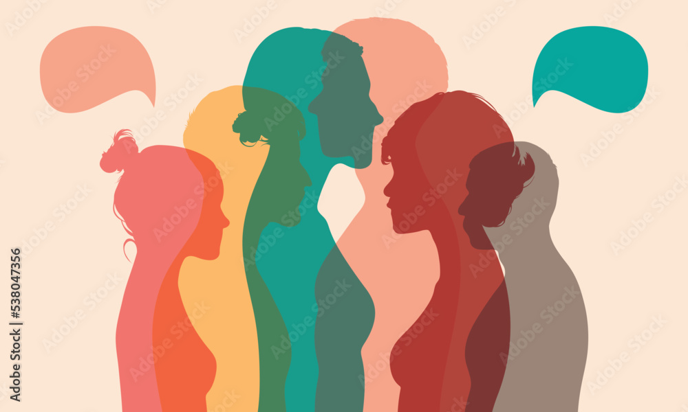 Interethnic dialogue. Crowd to communicate. Social networking concept. Vector illustration of diverse people in a large isolated profile talking. Interethnic dialogue. Crowd to communicate. Social networking concept. Vector illustration of diverse people in a large isolated profile talking.
