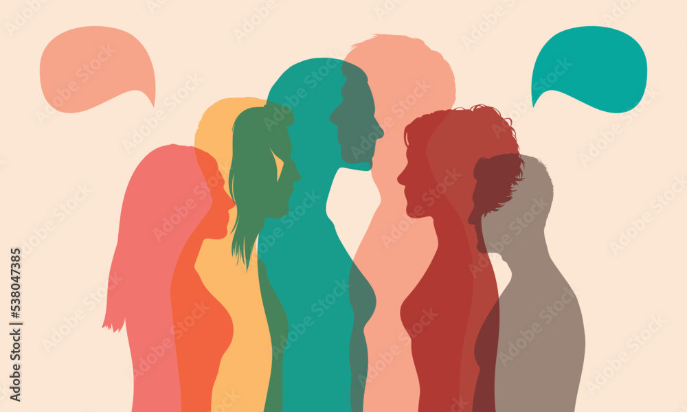 Interethnic dialogue. Crowd to communicate. Social networking concept. Vector illustration of diverse people in a large isolated profile talking.	