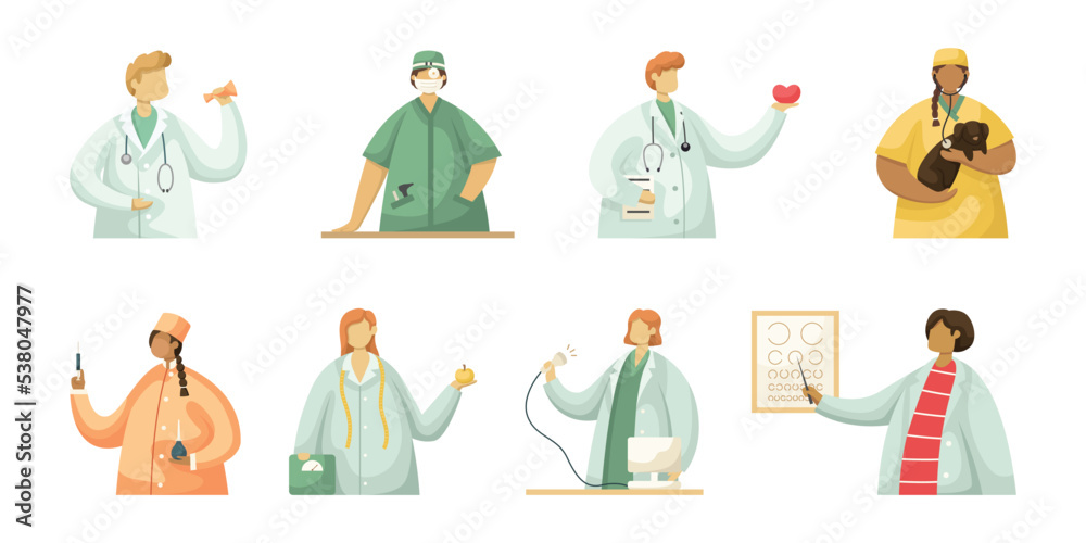 Vector set of illustrations of professional medical workers. Flat style Vector set of illustrations of professional medical workers. Flat style