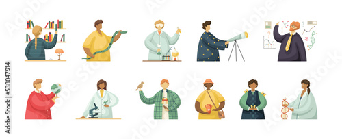 Vector set of illustrations of professional workers in the scientific field. Flat style