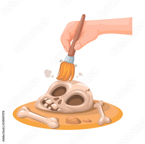 Archaeologist brushing skeleton and bone from desert sand symbol illustration cartoon vector