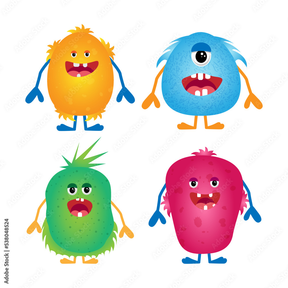 Monsters are funny and cute, Set of vector monsters with different eyes and shaggy teeth. Vector illustration.