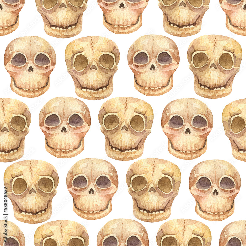 Funny human skulls seamless pattern. Watercolor halloween background