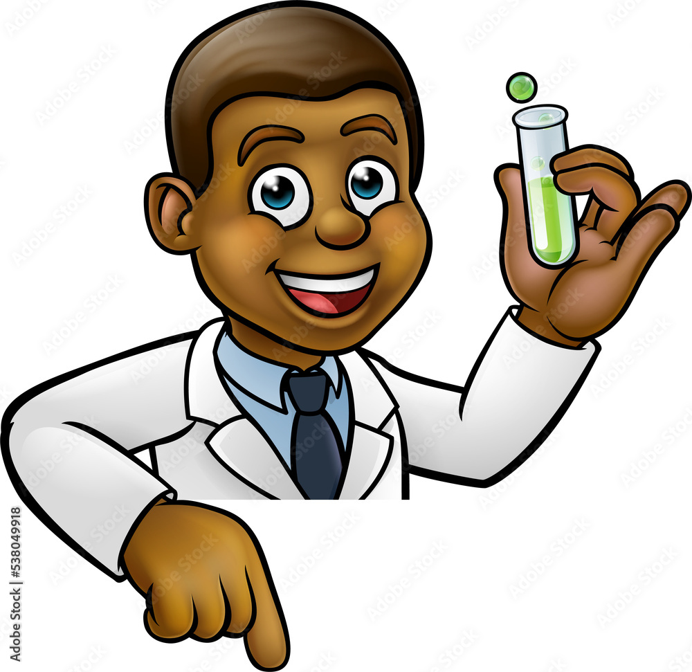 Cartoon Scientist Holding Test Tube Pointing Sign Cartoon Scientist Holding Test Tube Pointing Sign