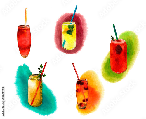 Set of bright, refreshing cocktails isolated on a white background. Watercolor illustration.