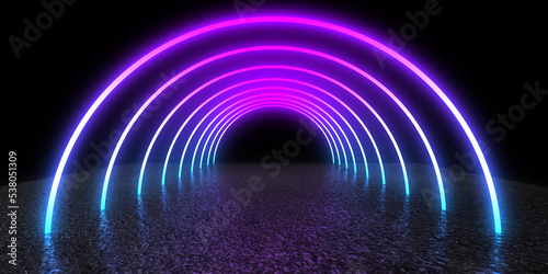Fototapeta Naklejka Na Ścianę i Meble -  3D abstract background with neon lights. neon tunnel  .space construction . .3d illustration