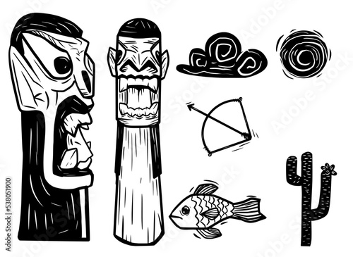 Rio San Francisco frown. Illustration in woodcut style. separate icons. Carranca do rio São Francisco.