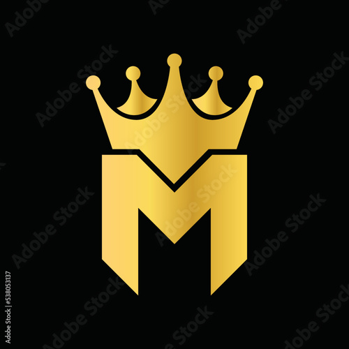 Gold Icon Letter M Logo. Crown of kings and queens with the logo icon letter M. Letter M Design Vector Luxury Golden with black background.