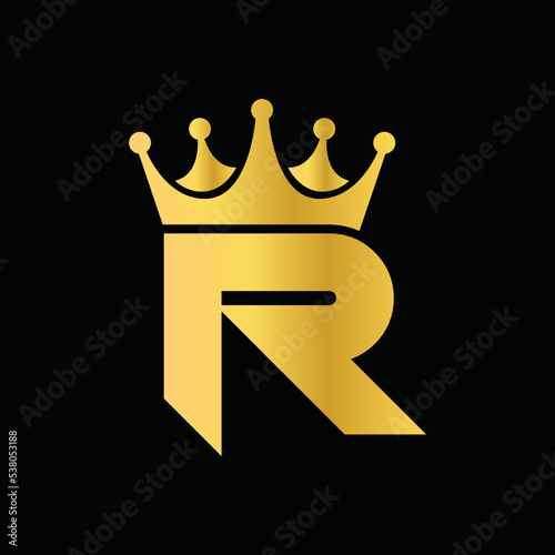 Gold Icon Letter R Logo. Crown of kings and queens with the logo icon letter R Letter R Design Vector Luxury Golden with black background.