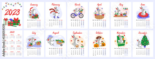 Vertical wall calendar for 2023 with symbol of the year - Rabbit in various scenes from life. Flat vector illustration. 