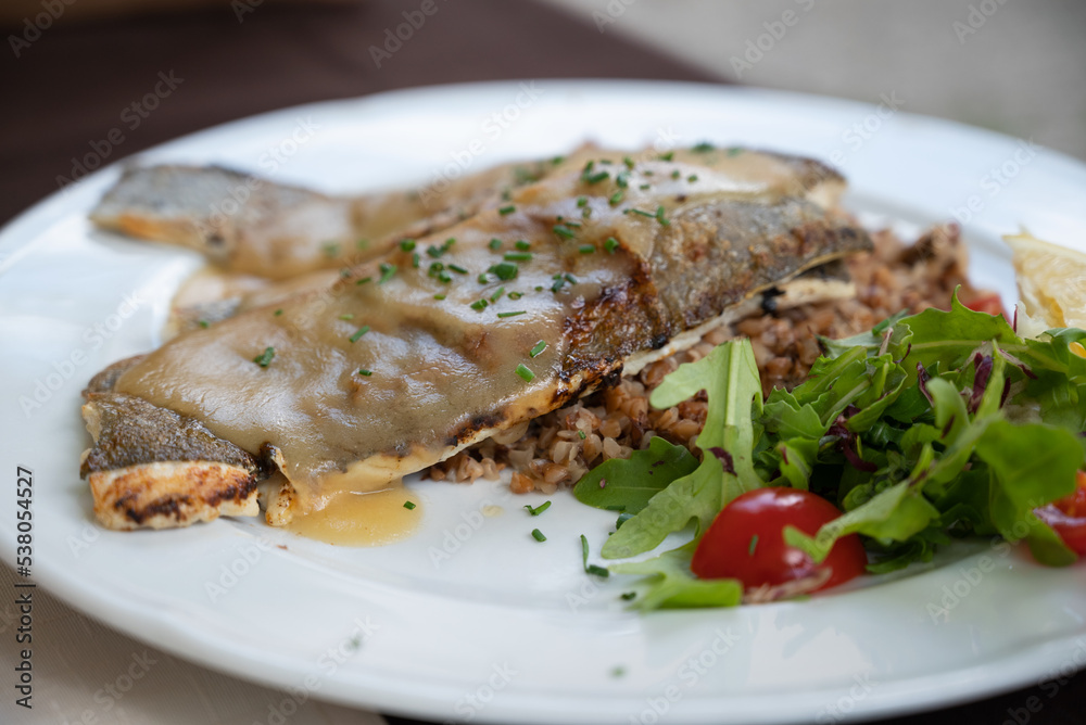 Baked trout fish, served on a white plate with fresh salad and cooked barley