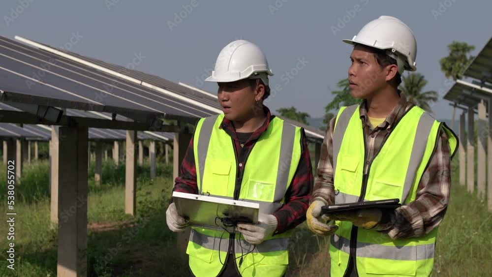 Solar cell technology, engineers are investigating the installation of solar cells and repairing solar cells on the factory roof, renewable energy concept Solar cell technology, engineers are investigating the installation of solar cells and repairing solar cells on the factory roof, renewable energy concept