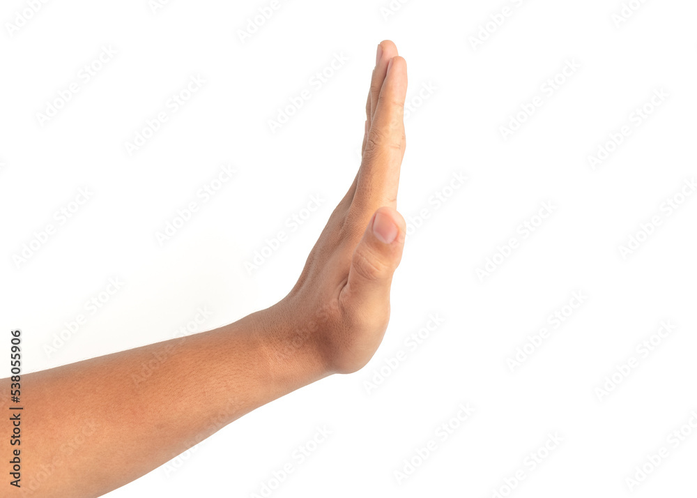 man hand showing stop gesture sign isolated on white background man hand showing stop gesture sign isolated on white background