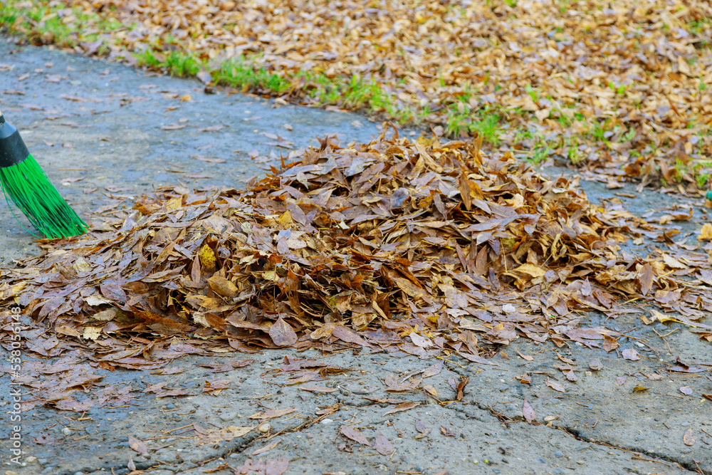 In autumn, pile dried leaves that are piled up municipal workers clean on sidewalks