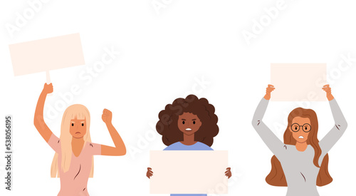 Young women holding blank signs. People with placards supporting their rights. Vector illustration in modern flat boho style for banner, web. Pastel colors. Copy space for your text.