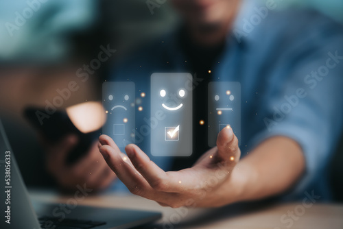 Customer review satisfaction feedback survey concept, User give rating to service experience on online application, Customer can evaluate quality of service leading to reputation ranking of business.