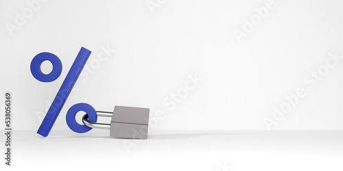 Blue percentage symbol icon with lock on white background. Concept for fixed interest rates. 3D rendering. photo
