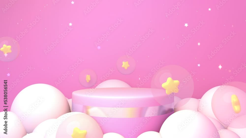Looped pink podium with flying bubble stars and white clouds animation. Looped pink podium with flying bubble stars and white clouds animation.