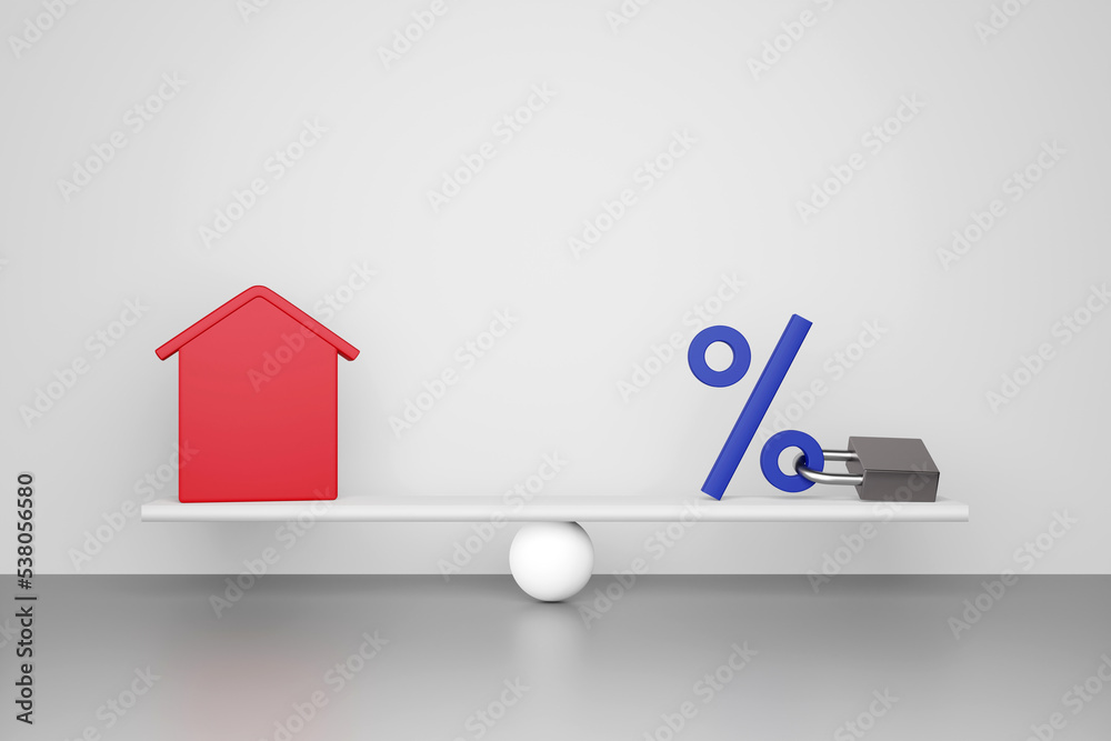 Ταπετσαρία Red house model and percentage symbol icon with lock on seesaw in balance position