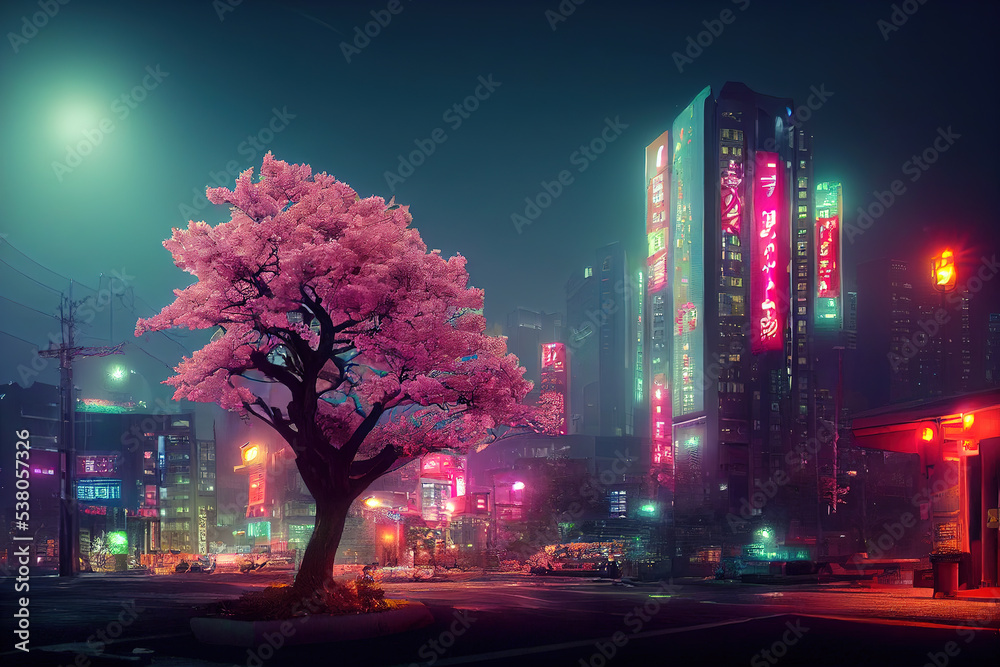 Japanische Neon City Night Auto Fußmatten, Anime Pink Purple Night