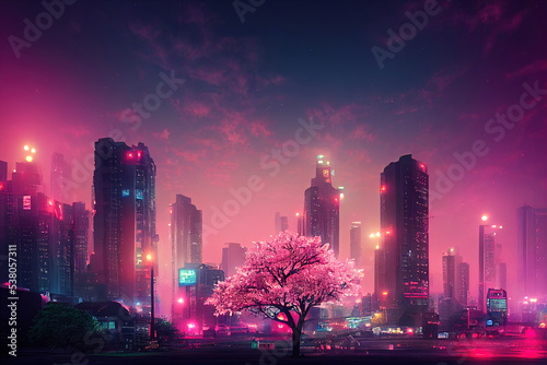 Fantasy Japanese night view city citycape, neon light, residential skyscraper buildings, pink cherry sakura tree. Night urban anime fantasy.