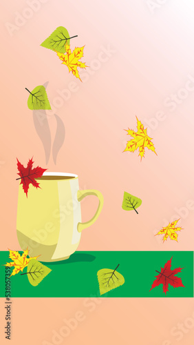 A cup of hot tea and autumn leaves hovering around
