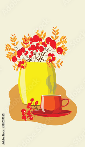 Vase with autumn branches  berries and a cup of tea in warm colors