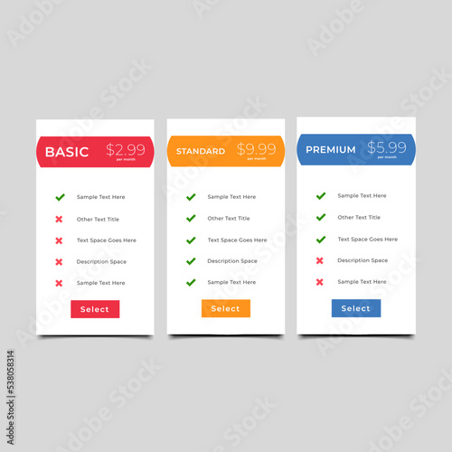 Price table concept in realistic neumorphism Vector pricing table in flat design style for websites and applications.modern and professional pricing table.