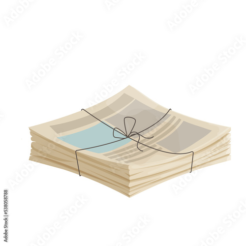 Newspaper pile, stack of magazine with rope in cartoon style isolated on white background. 