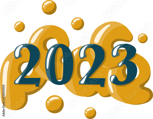 Vector New Year 2023 text design. Yellow word PEACE behind blue numbers 2023. Numbers and handwritten letters isolated on white background. 