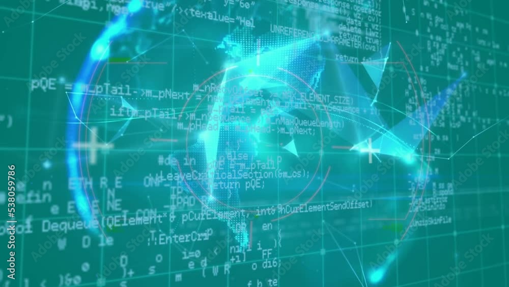 Animation of data processing, shapes and globe on green background Animation of data processing, shapes and globe on green background