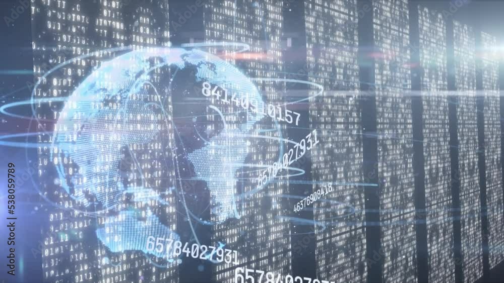 Animation of data processing, numbers and globe on black background Animation of data processing, numbers and globe on black background