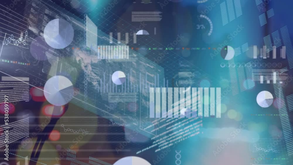 Animation of diverse data and graphs processing over blurred night road traffic Animation of diverse data and graphs processing over blurred night road traffic